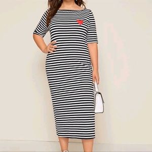 MIDI Boat Neck Striped Dress with Heart Print